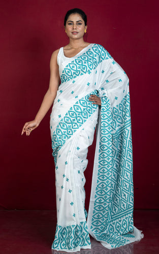 Hand Embroidery Kutch Work Blended Bangalore Silk Saree in White and Teal Green Thread Work