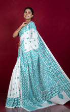 Hand Embroidery Kutch Work Blended Bangalore Silk Saree in White and Teal Green Thread Work