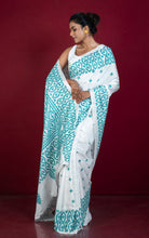 Hand Embroidery Kutch Work Blended Bangalore Silk Saree in White and Teal Green Thread Work