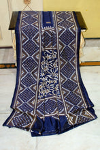 Hand Embroidery Nakshi Kanthastitch Work Blended Bangalore Silk Saree in Midnight Blue, Off White and Golden Yellow Thread Work