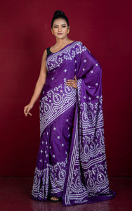 Hand Embroidery Kutch Work Blended Bangalore Silk Saree in Vivid Violet and Off White Thread Work