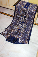 Hand Embroidery Nakshi Kanthastitch Work Blended Bangalore Silk Saree in Midnight Blue, Off White and Golden Yellow Thread Work