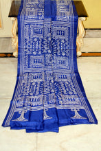 Hand Embroidery Nakshi Kanthastitch Work Blended Bangalore Silk Saree in Lapis Blue and Off White Thread Work