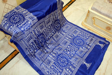 Hand Embroidery Nakshi Kanthastitch Work Blended Bangalore Silk Saree in Lapis Blue and Off White Thread Work