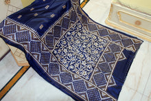 Hand Embroidery Nakshi Kanthastitch Work Blended Bangalore Silk Saree in Midnight Blue, Off White and Golden Yellow Thread Work