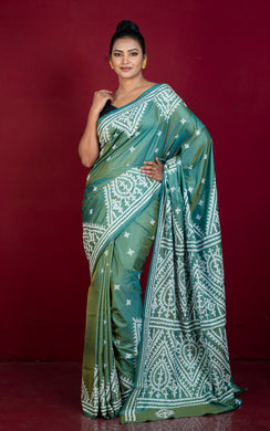 Hand Embroidery Kutch Work Blended Bangalore Silk Saree in Hunter Green and Off White Thread Work