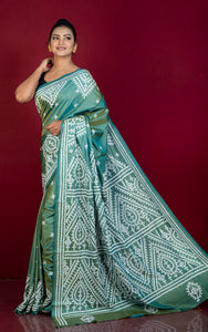 Hand Embroidery Kutch Work Blended Bangalore Silk Saree in Hunter Green and Off White Thread Work