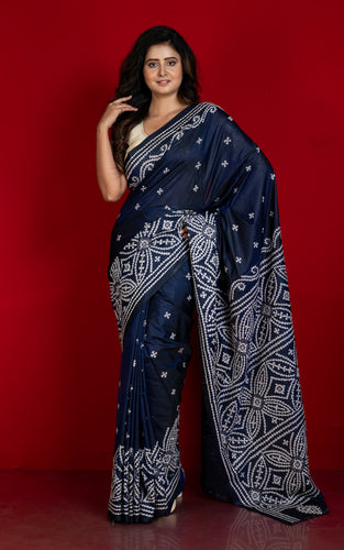 Hand Embroidery Kutch Work Blended Bangalore Silk Saree in Blue Charcoal and Off White Thread Work