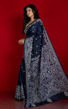 Hand Embroidery Kutch Work Blended Bangalore Silk Saree in Blue Charcoal and Off White Thread Work