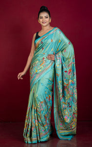 Hand Embroidery Blended Silk Kantha Work Saree in Sea Green with Yellowish tinge and Multicolored Thread Work