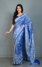 Hand Embroidery Kutch Work Blended Bangalore Silk Saree in Slate Blue and Off White Thread Work