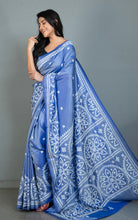 Hand Embroidery Kutch Work Blended Bangalore Silk Saree in Slate Blue and Off White Thread Work
