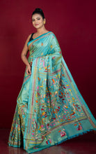 Hand Embroidery Blended Silk Kantha Work Saree in Sea Green with Yellowish tinge and Multicolored Thread Work