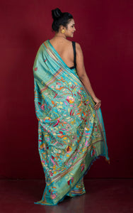 Hand Embroidery Blended Silk Kantha Work Saree in Sea Green with Yellowish tinge and Multicolored Thread Work