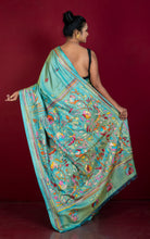Hand Embroidery Blended Silk Kantha Work Saree in Sea Green with Yellowish tinge and Multicolored Thread Work