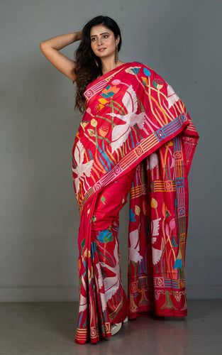 Hand Embroidery Blended Silk Kantha Work Saree in Torch Red, Off White and Multicolored Thread Work