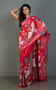 Hand Embroidery Blended Silk Kantha Work Saree in Torch Red, Off White and Multicolored Thread Work