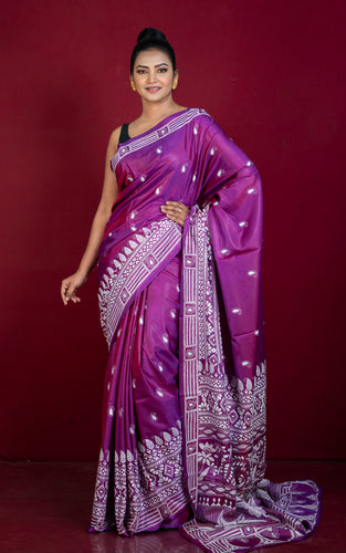 Hand Embroidery Blended Silk Kantha Work Saree in Purple and Off White Thread Work