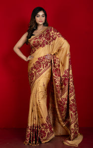 Hand Embroidery Blended Silk Kantha Work Saree in Brown Sugar and Maroon Oak Thread Work