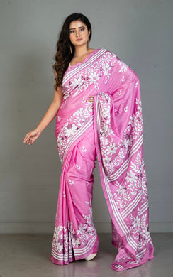 Hand Embroidery Blended Silk Kantha Work Saree in Pink, Off White and Black Thread Work