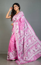 Hand Embroidery Blended Silk Kantha Work Saree in Pink, Off White and Black Thread Work
