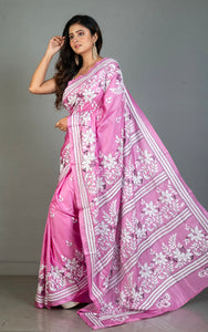 Hand Embroidery Blended Silk Kantha Work Saree in Pink, Off White and Black Thread Work