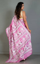Hand Embroidery Blended Silk Kantha Work Saree in Pink, Off White and Black Thread Work