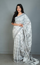 Hand Embroidery Blended Silk Kantha Work Saree in Off White and Black Thread Work