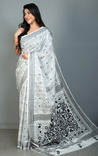 Hand Embroidery Blended Silk Kantha Work Saree in Off White and Black Thread Work
