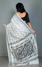 Hand Embroidery Blended Silk Kantha Work Saree in Off White and Black Thread Work