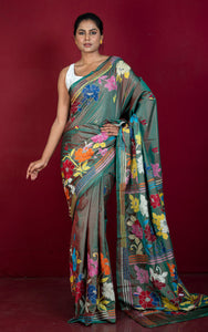 Hand Embroidery Blended Silk Kantha Work Saree in Cutty Sark Green Brown and Multicolored Thread Work