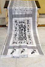 Hand Embroidery Blended Silk Kantha Work Saree in Off White and Black Thread Work