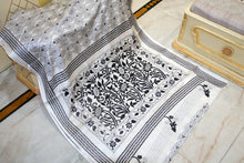 Hand Embroidery Blended Silk Kantha Work Saree in Off White and Black Thread Work