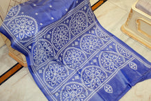 Hand Embroidery Kutch Work Blended Bangalore Silk Saree in Slate Blue and Off White Thread Work