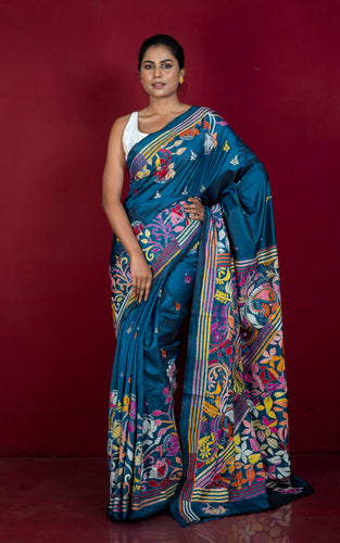 Hand Embroidery Blended Silk Kantha Work Saree in Blue Lagoon, Off White and Multicolored Thread Work