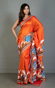 Hand Embroidery Blended Silk Kantha Work Saree in Burnt Orange, Black, Off White and Cool Blue Thread Work