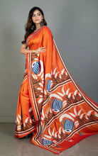 Hand Embroidery Blended Silk Kantha Work Saree in Burnt Orange, Black, Off White and Cool Blue Thread Work