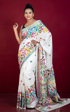 Hand Embroidery Blended Silk Kantha Work Saree in White, Black and Multicolored Thread Work