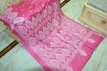Hand Embroidery Kutch Work Blended Bangalore Silk Saree in Pink and Off White Thread Work
