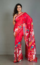 Hand Embroidery Blended Silk Kantha Work Saree in Torch Red, Off White and Multicolored Thread Work