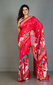 Hand Embroidery Blended Silk Kantha Work Saree in Torch Red, Off White and Multicolored Thread Work