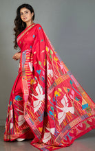 Hand Embroidery Blended Silk Kantha Work Saree in Torch Red, Off White and Multicolored Thread Work