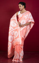 Hand Embroidery Blended Silk Kantha Work Saree in Pastel Orange and Off White Thread Work