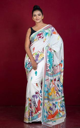 Hand Embroidery Blended Silk Kantha Work Saree in White and Multicolored Thread Work