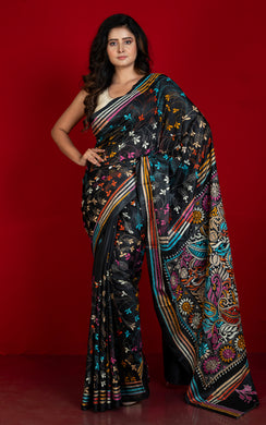 Hand Embroidery Blended Silk Kantha Work Saree in Onyx Black and Multicolored Thread Work