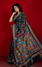 Hand Embroidery Blended Silk Kantha Work Saree in Onyx Black and Multicolored Thread Work