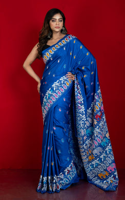 Hand Embroidery Blended Silk Kantha Work Saree in Medium Teal Blue and Multicolored Thread Work