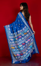 Hand Embroidery Blended Silk Kantha Work Saree in Medium Teal Blue and Multicolored Thread Work