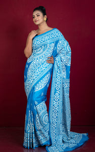 Hand Embroidery Blended Silk Kantha Work Saree in Sky Blue and Off White Thread Work