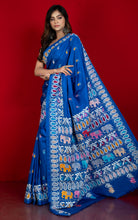 Hand Embroidery Blended Silk Kantha Work Saree in Medium Teal Blue and Multicolored Thread Work